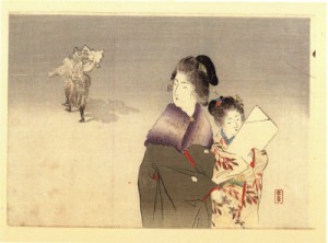 正月間近の風景。羽子板と羽根を手にする母子。うしろの人影は正月飾りを肩にする男衆だろう。明治木版画。
