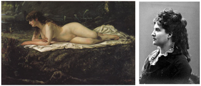 山本芳翆「裸婦」（1880年,岐阜県美術館蔵）(左)　　ジュディット・ゴーティエ（ナダール撮影、1880）(右)